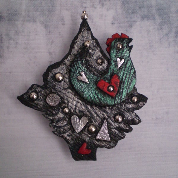 "Tra-la-la".. Tree .Brooch or Decoration in recycled leather