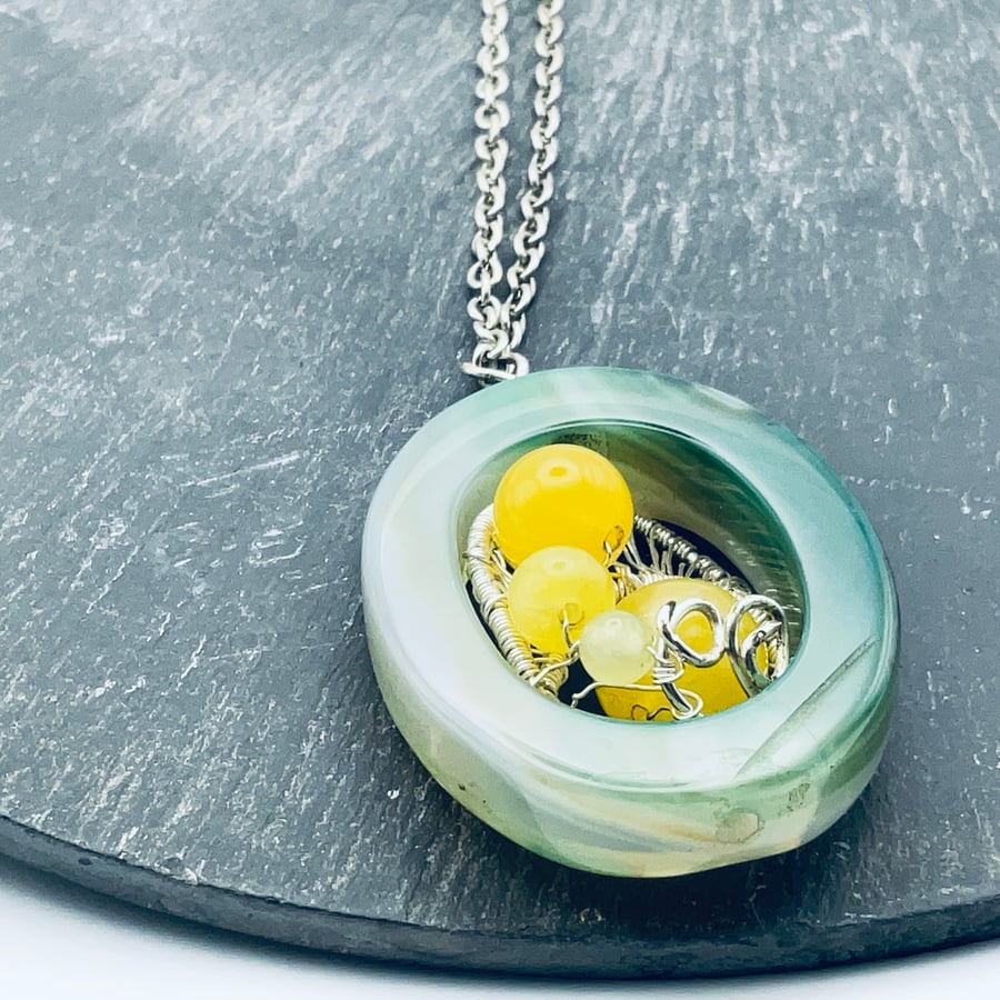 Green aventurine and yellow citrine pendant with silver