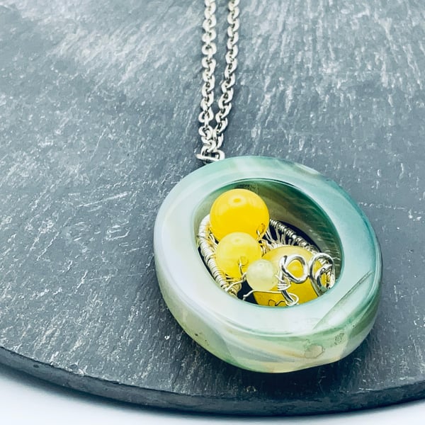Green aventurine and yellow citrine pendant with silver