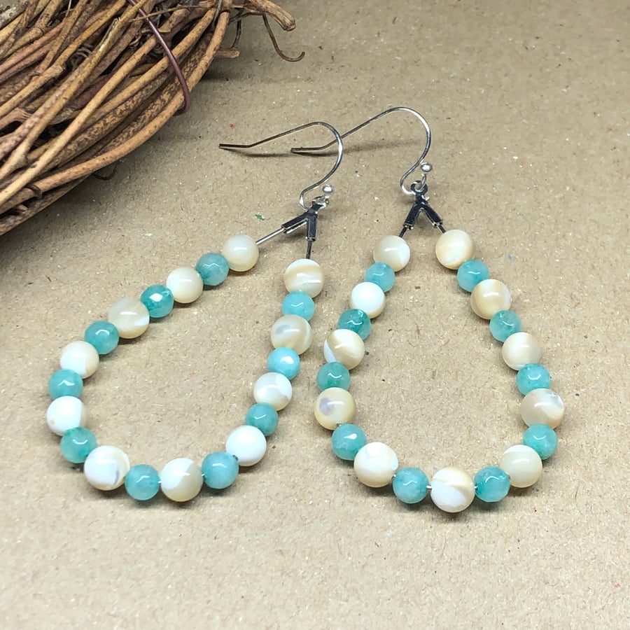 Emerald and Pearl pear hoop earrings