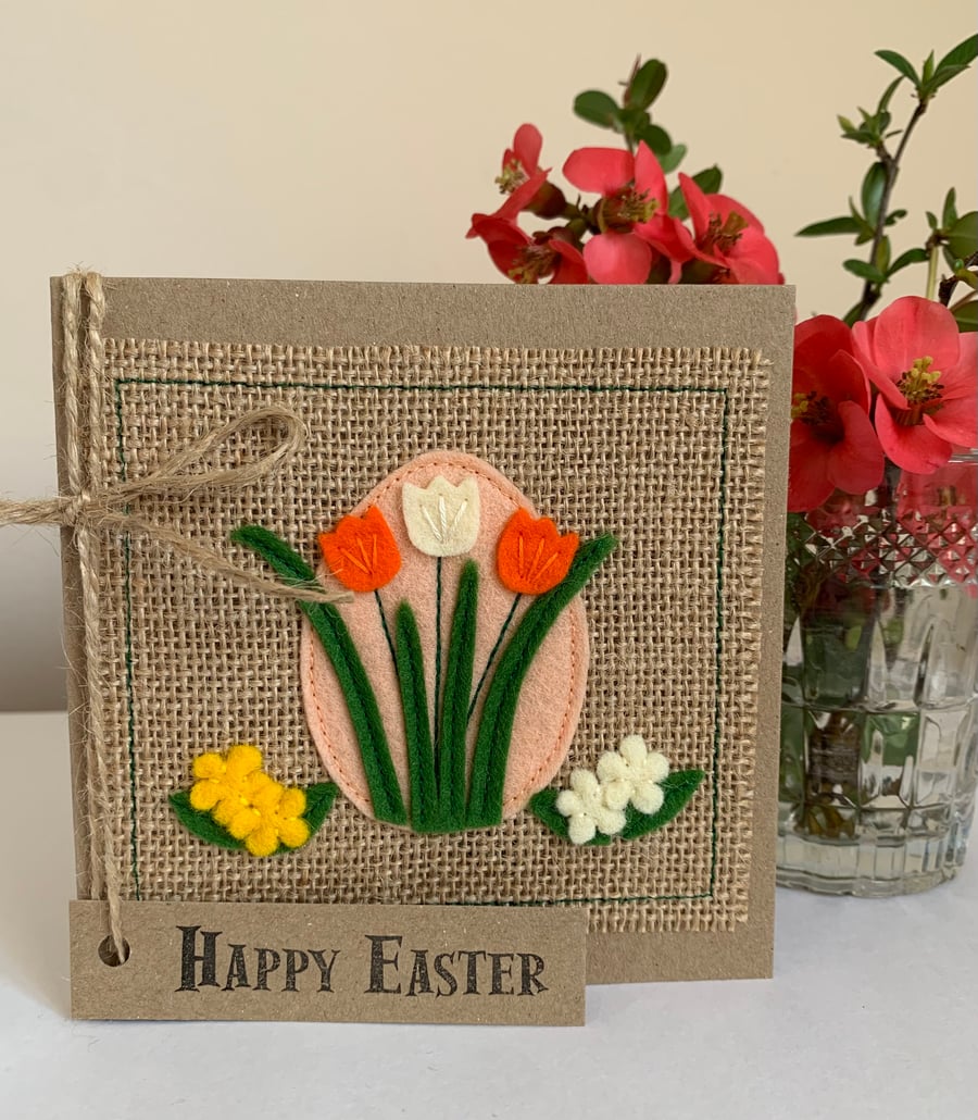 Easter greeting card with orange, yellow and cream flowers. Handmade. Wool felt.