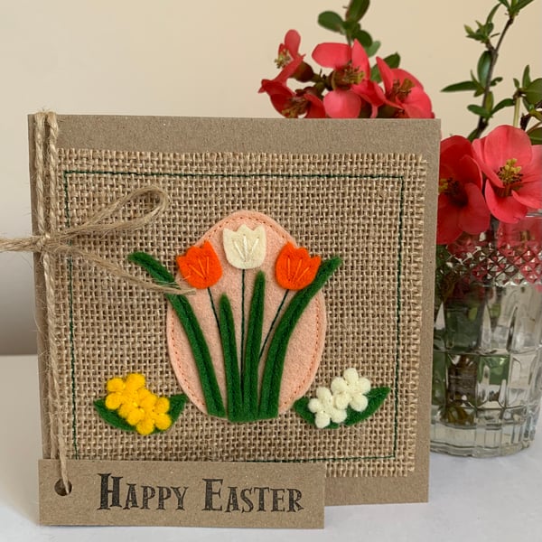 Easter greeting card with orange, yellow and cream flowers. Handmade. Wool felt.