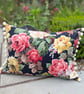 Vintage Rose Barkcloth rectangular cushion cover with pompom trim - Image 2