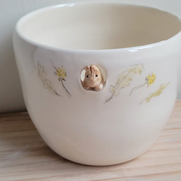 Bunny cup planter wth dandilion flowers, tiny rabbit & pawprints, Seconds Sunday