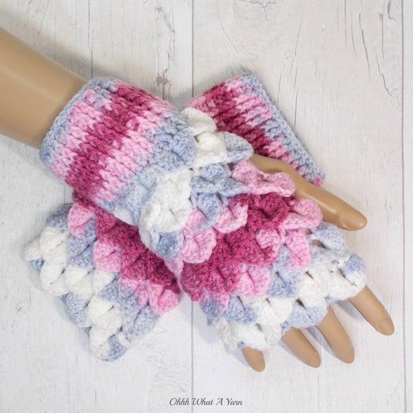 Crochet gloves. Pink, grey and white dragon scale gloves. Fingerless gloves.