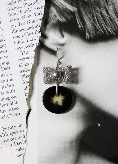 Faux tortoise shell look vintage button earrings - 925 sterling silver hook wire