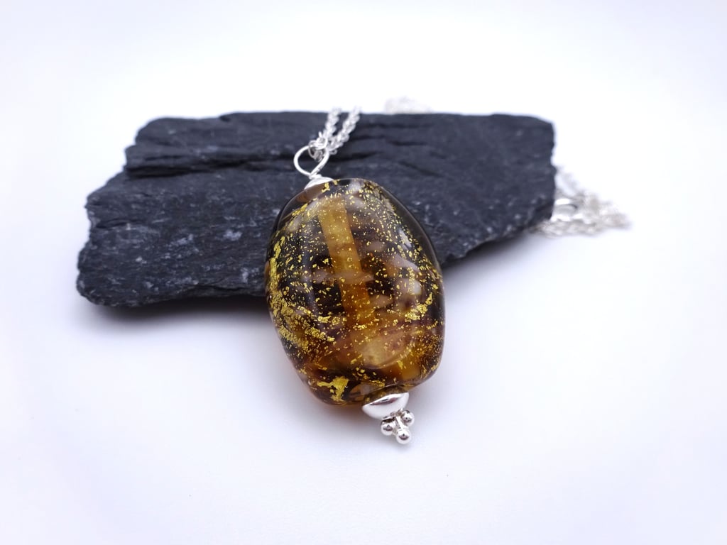 lampwork glass gold leaf pendant necklace