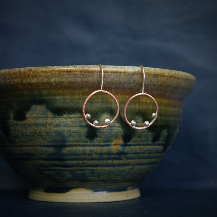 Copper Circle  Hoop Earrings with 3 Silver Seeds