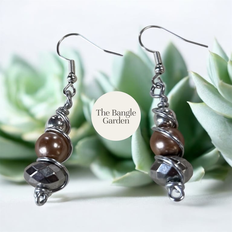 Wire wrapped Silver and Brown Bead Earrings