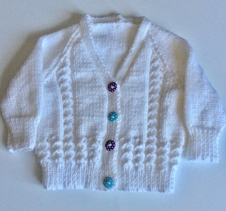 Baby cardigan white hand knit 3-6 months