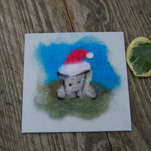 Christmas card, Puppy Dog  wearing a Santa Hat