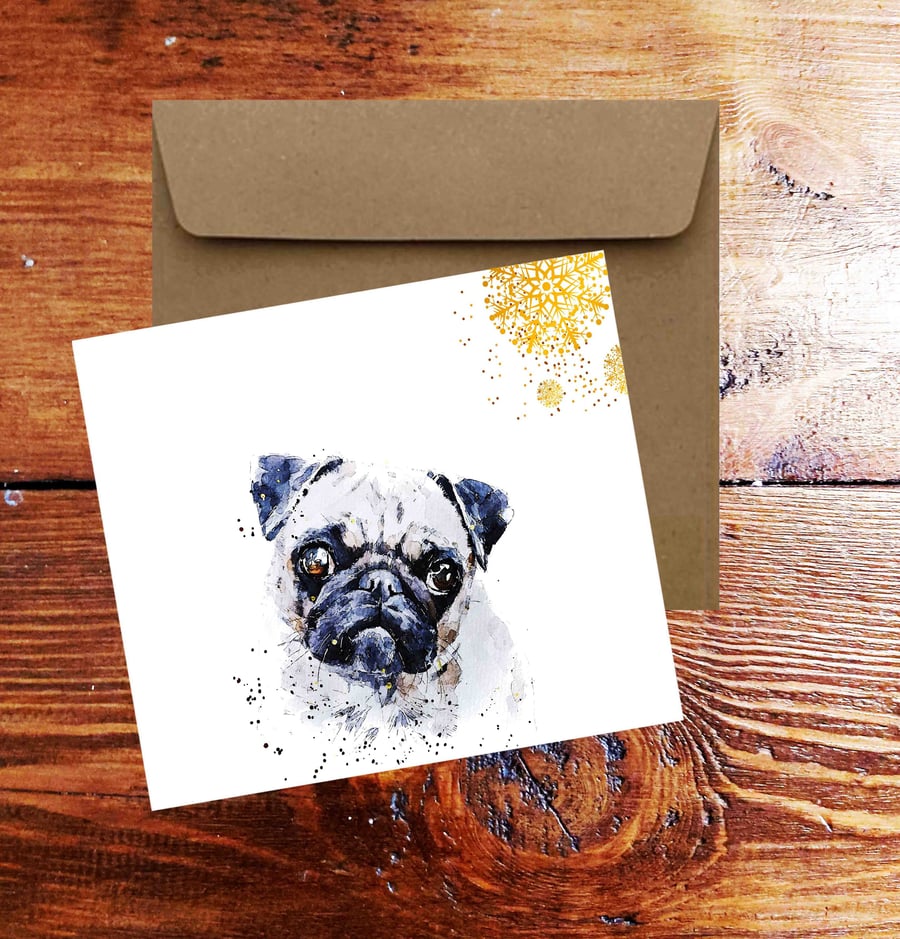 Pug Art Square Christmas Card(s)Single Pack of 6.Pug Watercolour cards,Pug greet