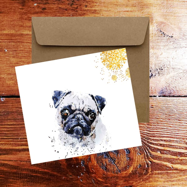 Pug Art Square Christmas Card(s)Single Pack of 6.Pug Watercolour cards,Pug greet