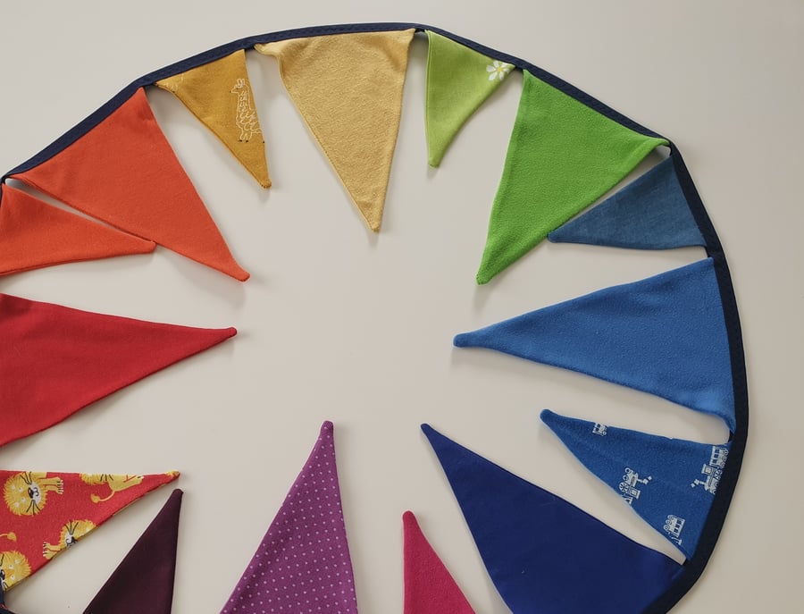 Happy Bright Rainbow Coloured Bunting on Navy Binding