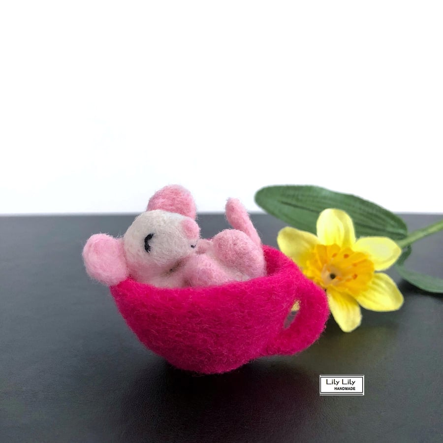 SOLD CUSTOM ORDER Needle felted sleepy mouse in a teacup by Lily Lily Handmade