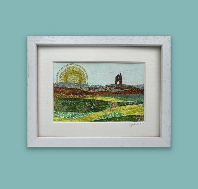 Cornish Landscape Tin Mine Original Painting Mixed Media Collage Framed Sunrise 