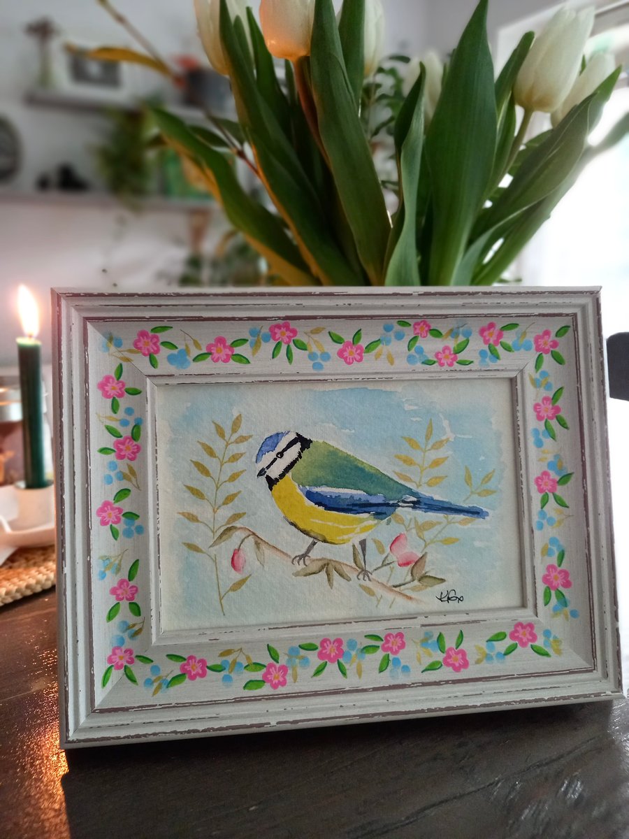 Blue tit watercolour, framed bird art, decorative picture frame, hand painted 