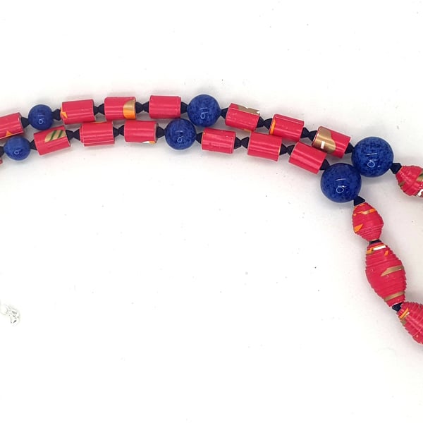 Red paper beaded necklace complement with royal blue round beads