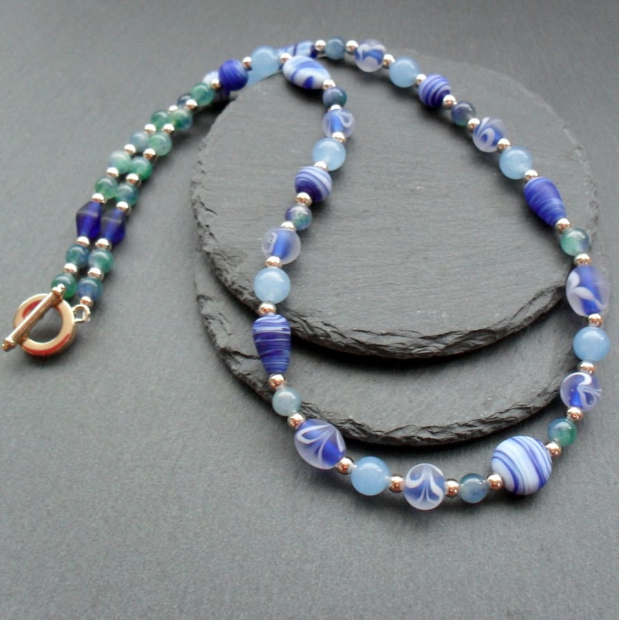 Blue Necklace With Quartz and Glass Beads Champagne Gold Plated