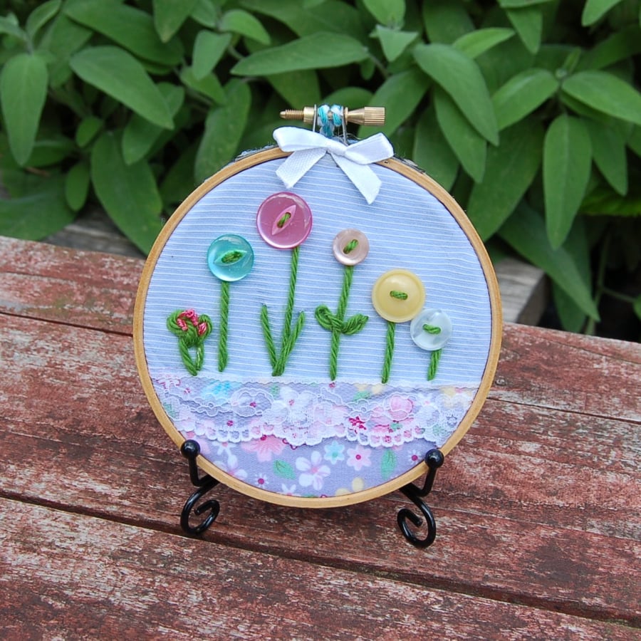 Button Flower Garden Hoop art.  Textile Art.  Mixed Media