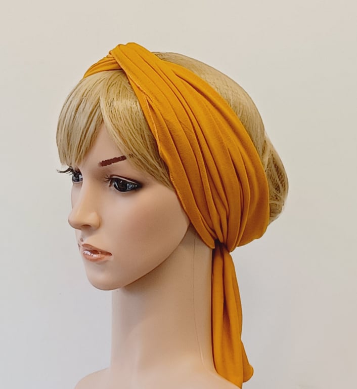 Mustard hair scarf, extra long head scarf, viscose jersey stretchy hair tie