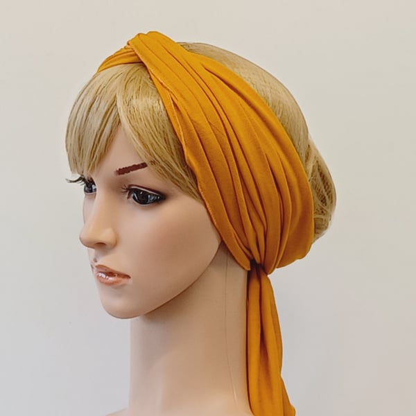 Mustard hair scarf, extra long head scarf, viscose jersey stretchy hair tie