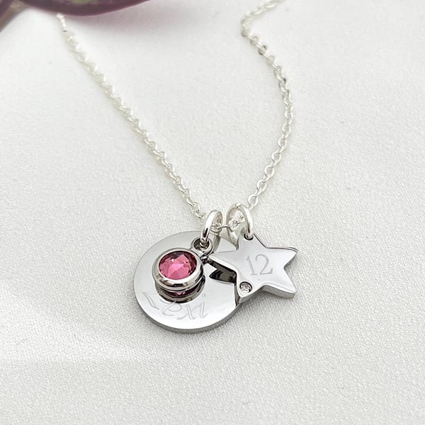 Silver 12th Birthday Name Age & Birthstone Necklace with Star