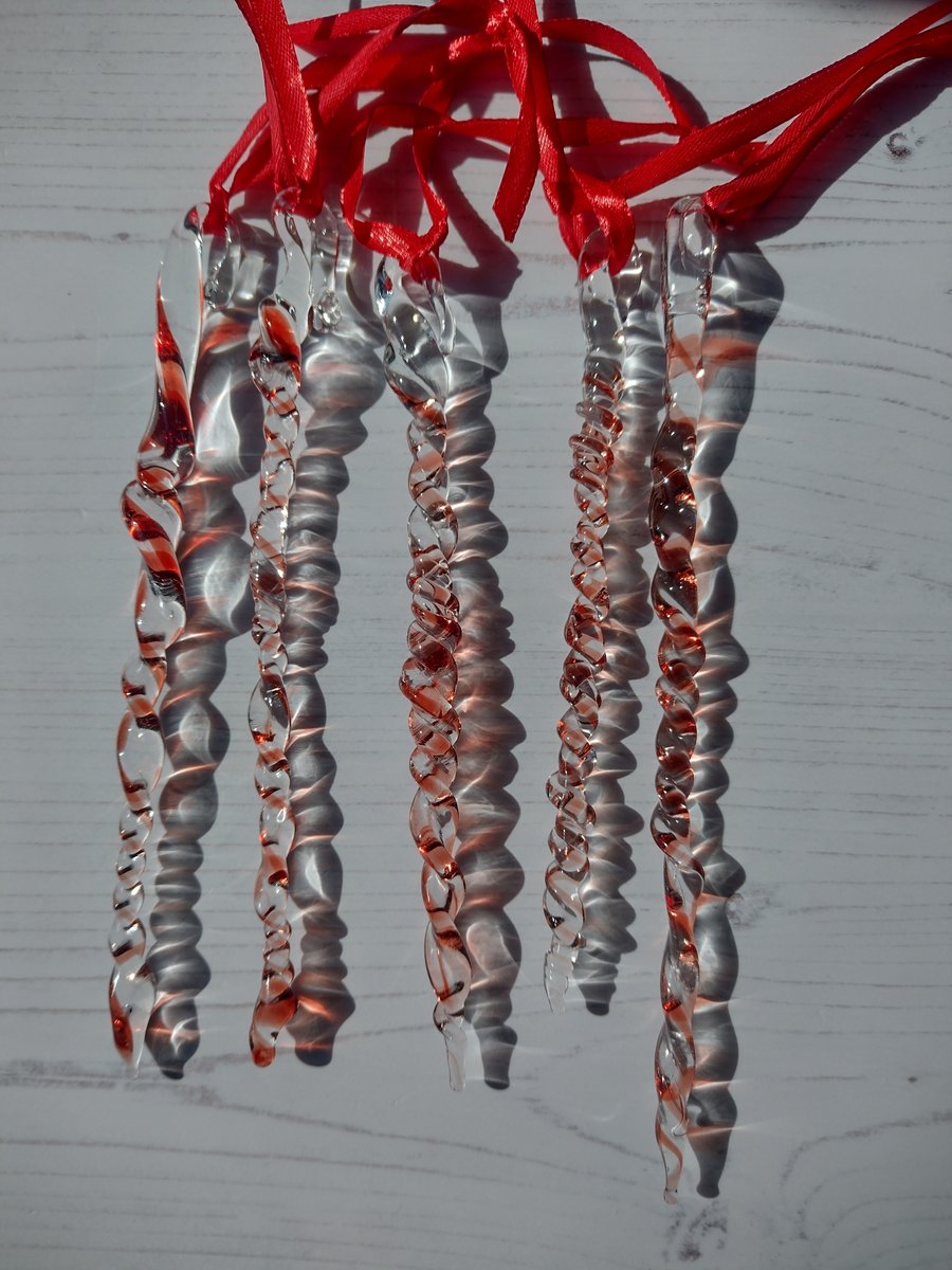 Glass Icicles (set of Five), flameworked glass, clear and red