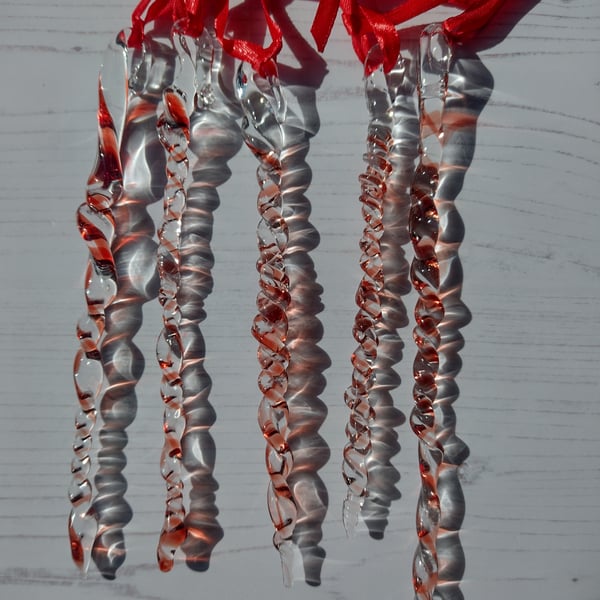 Glass Icicles (set of Five), flameworked glass, clear and red
