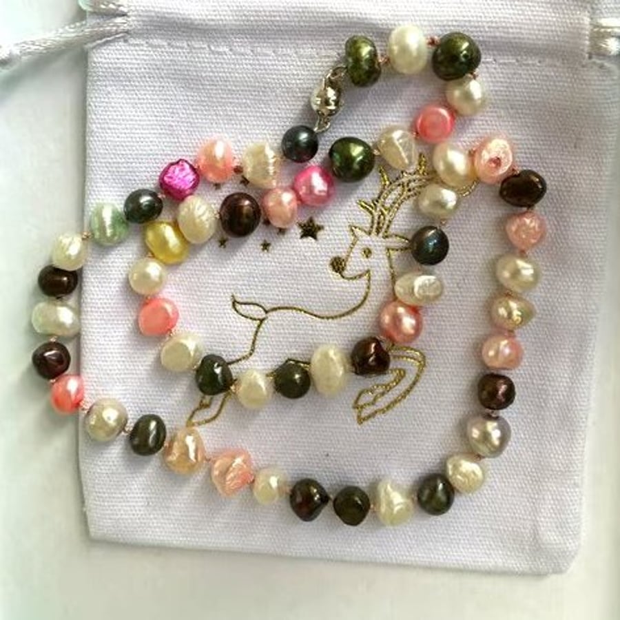 Freshwater Baroque Pearl Multi-coloured Necklace  Traditionally knotted in silk