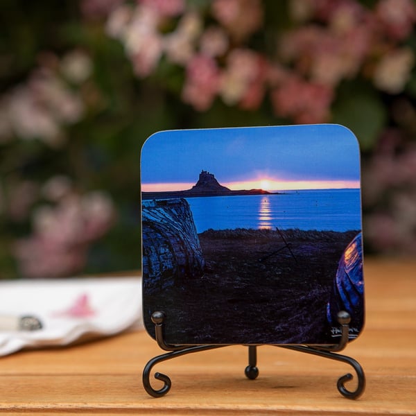 Holy Island Wooden Coaster - Northumberland Gifts - Sunset North Sea Photo Gift 