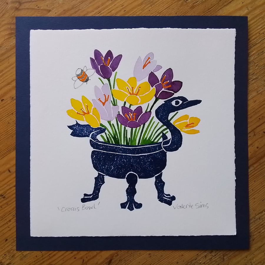 Crocus Bowl - Linocut print - Original Art for Nature lovers