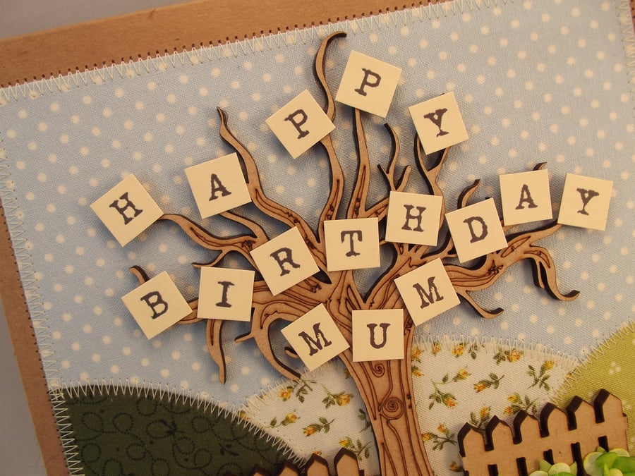 Happy Birthday Mum Fabric Greetings Card