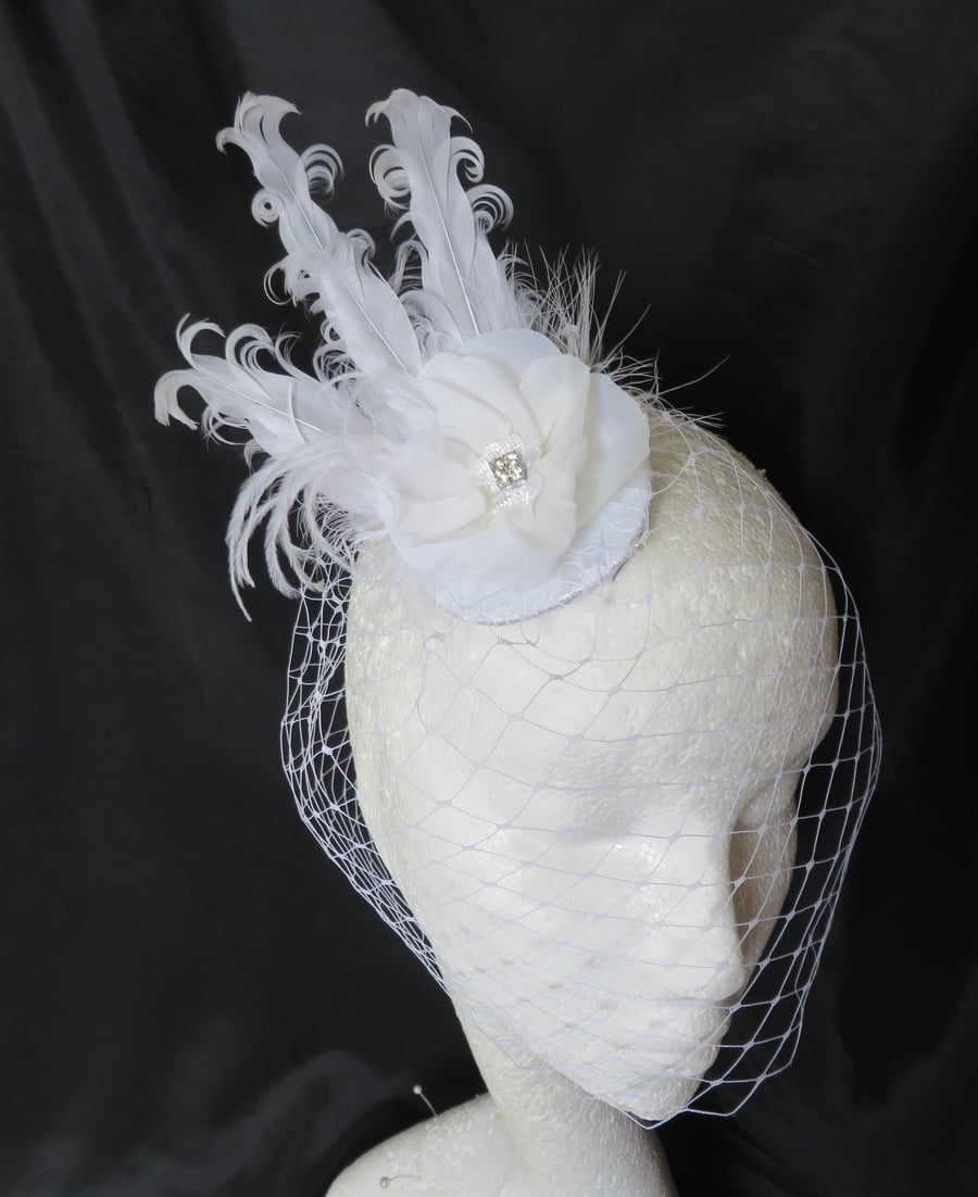 White Feather & Lace Flower Birdcage Headpiece Veil Fascinator