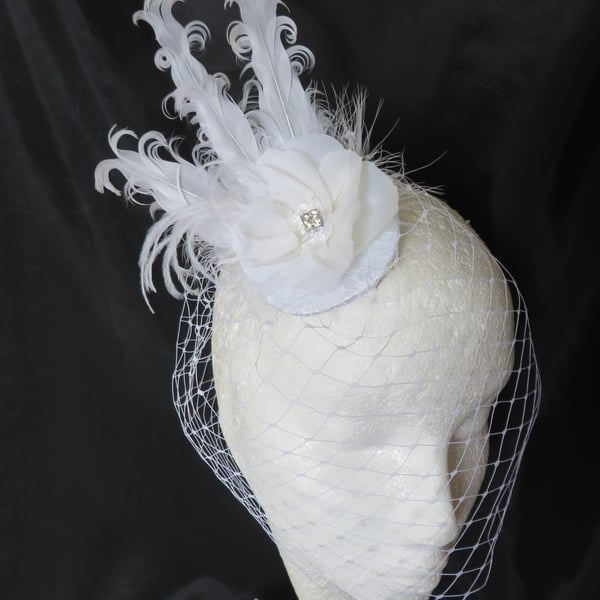 White Feather & Lace Flower Birdcage Headpiece Veil Fascinator