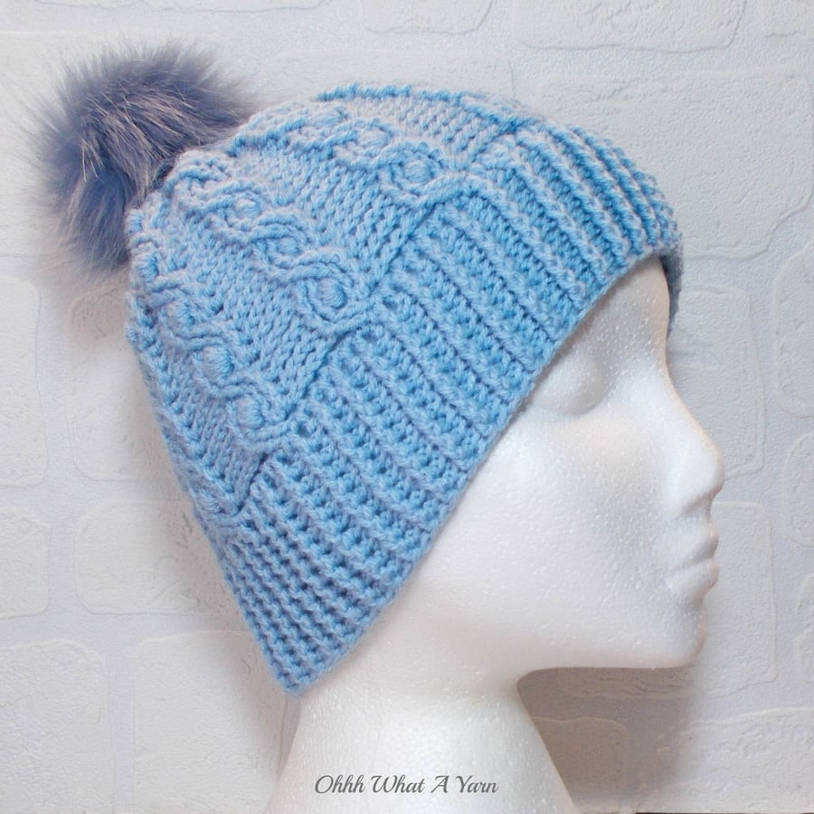 Crochet hat, beanie. Light blue ladies cable pom pom hat.  Ladies hat.