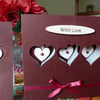 Dark Red Three Hearts Birthday Card with matching Gift Tag