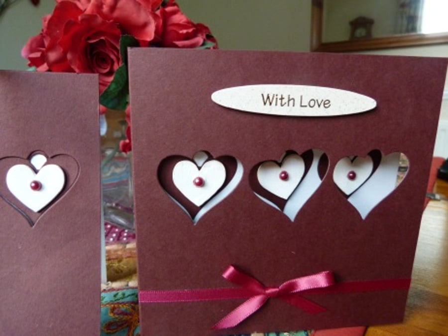 Dark Red Three Hearts Birthday Card with matching Gift Tag