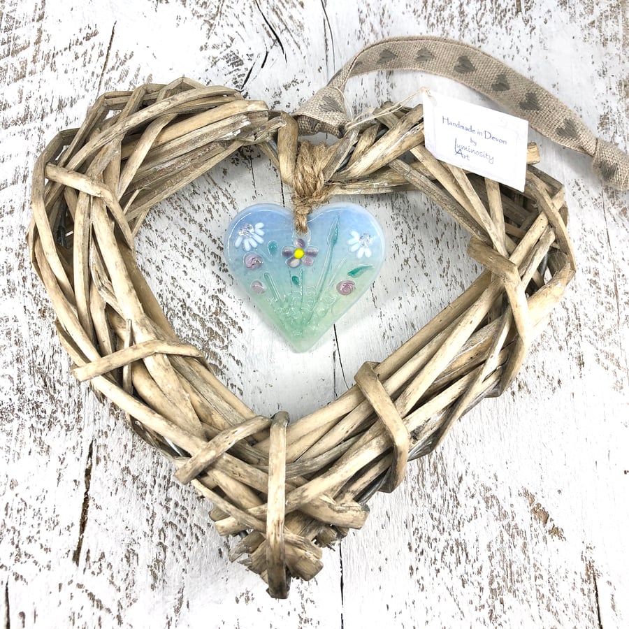 Floral Glass & Wicker Heart with co-ordinating Ribbon