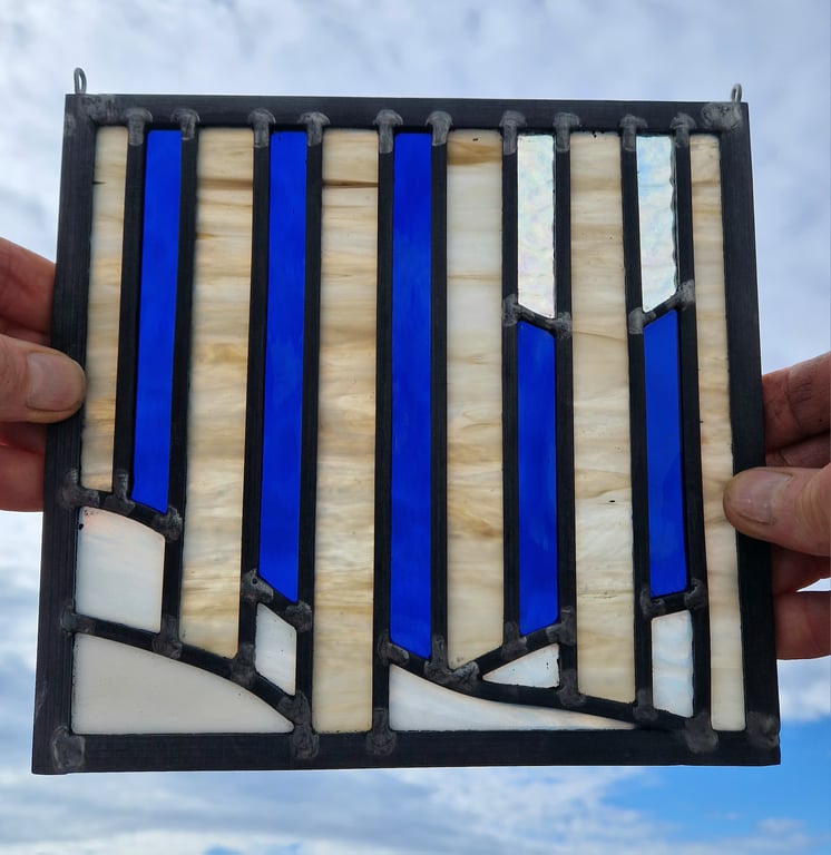 Stained glass birch trees in moonlight landscape leaded panel