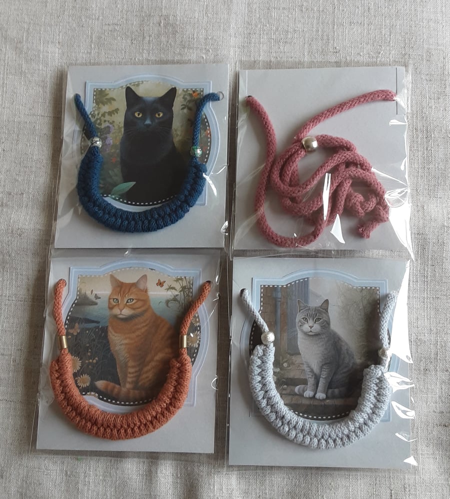 Cat lover handmade macramé necklace adjustable length and choice of 5 colours. 