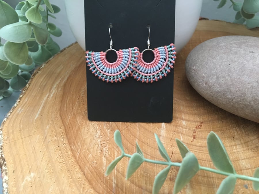 Delicate handmade macrame beaded earrings , boho chic, fan earrings, gypsy 
