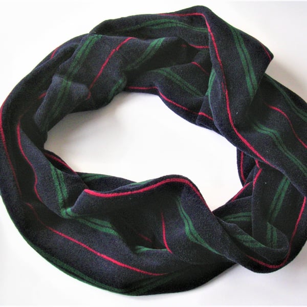 Unisex single loop cowl or scarf in warm navy with red and green stripes.