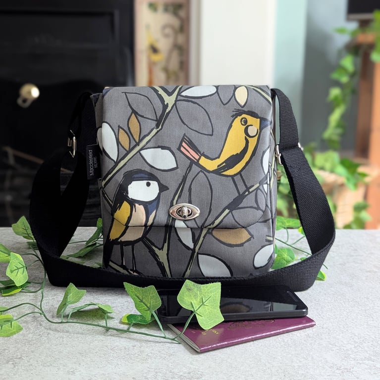 Handmade Matt Oilcloth Little Bird design Small Cross Body Bag. Phone Bag