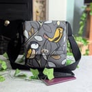Handmade Matt Oilcloth Little Bird design Small Cross Body Bag. Phone Bag