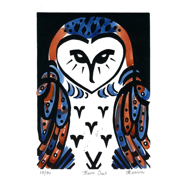 Barn Owl coloured linocut 10 of 30