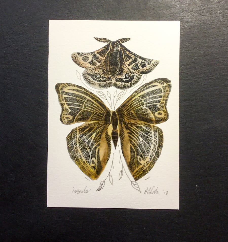 Lino print and wax insect collage golden
