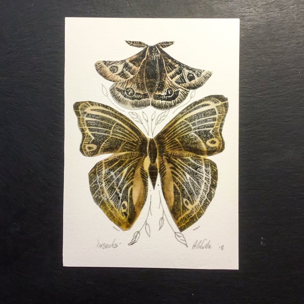 Lino print and wax insect collage golden