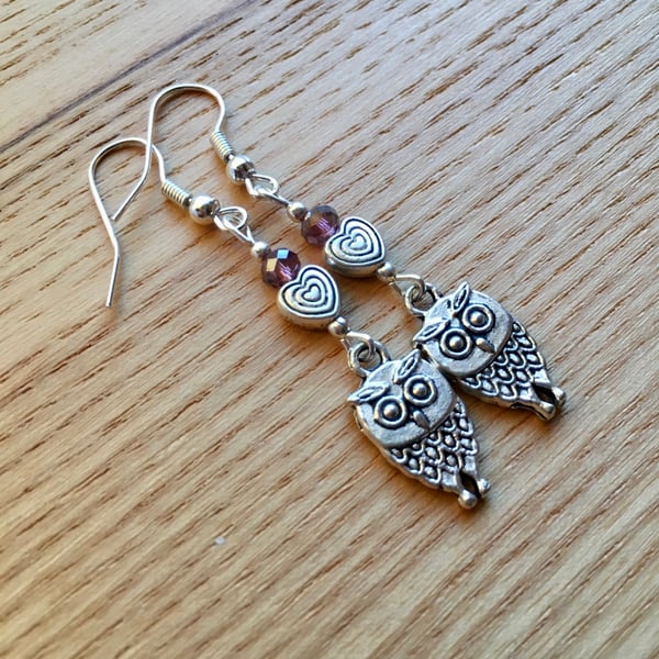 Purple Owl and Heart Charm Earrings, Gift for Her, Nature Lover Present