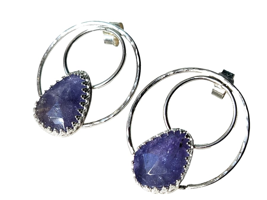 Tanzanite Earrings Recycled Silver Jewellery Gift Rose Cut Gemstone Hoops